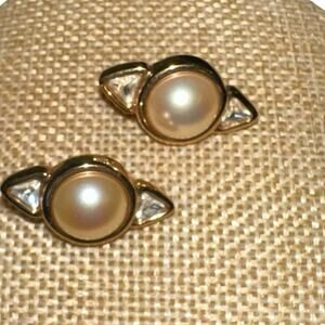 Vintage Swarovski S.A.L. Pearl Crystal Gold Tone Stud Earrings Signed